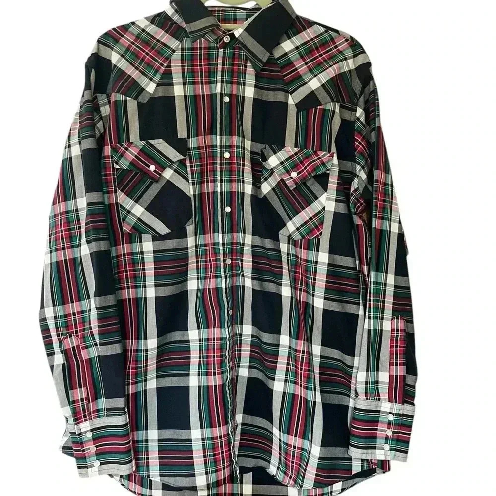 Western grunge punk pearl snap Black and Red Plaid Shirt ELY cattlemen’s size L